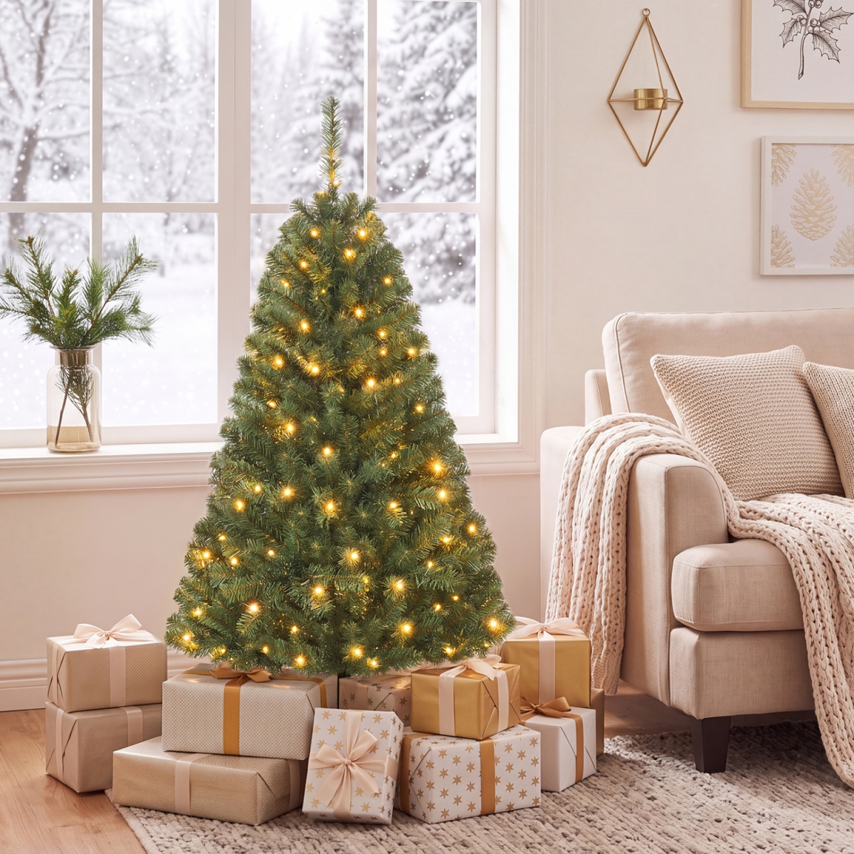 CM25559US-XXS 4 ft. Artificial Christmas Tree with 2 Lighting Colors & Folding Metal Stand - Green