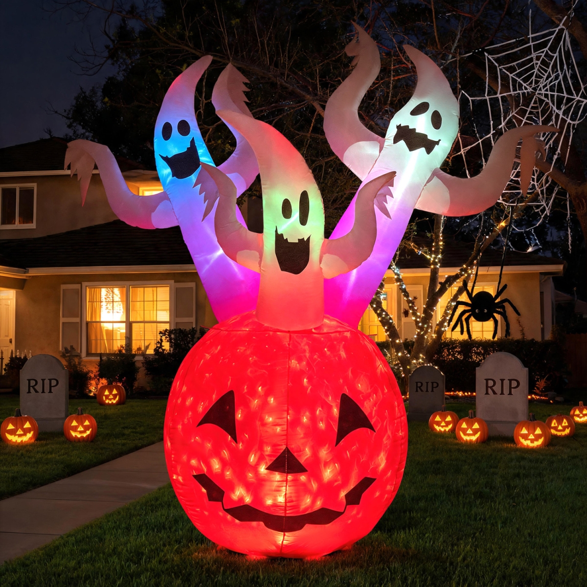 CM25723US 6 ft. Inflatable Ghost Pumpkin with Colorful Lights & 2 Wind Ropes for Halloween - White & Orange