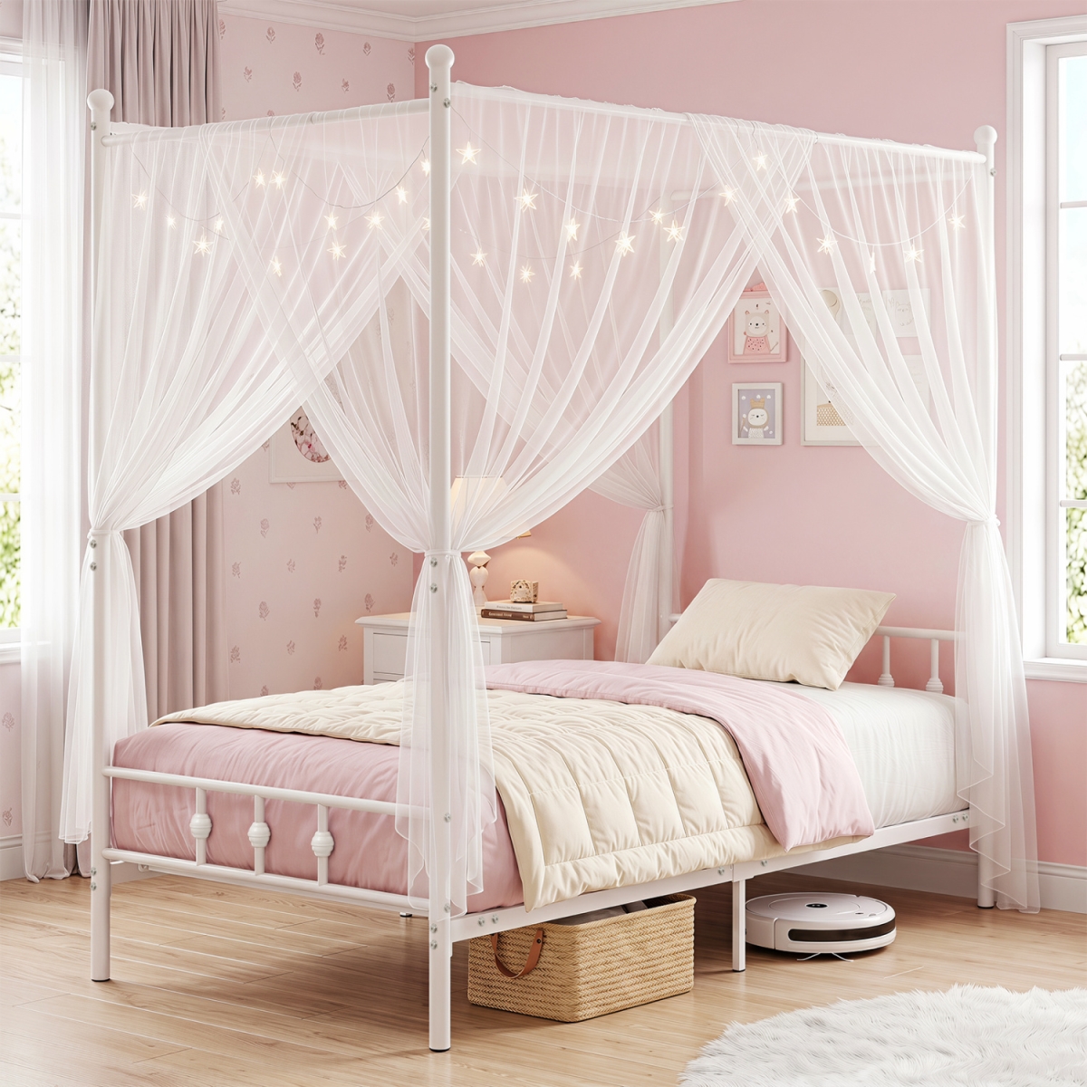 HU11420WH-T Metal Canopy Bed Frame with Headboard & Footboard - White - Twin Size
