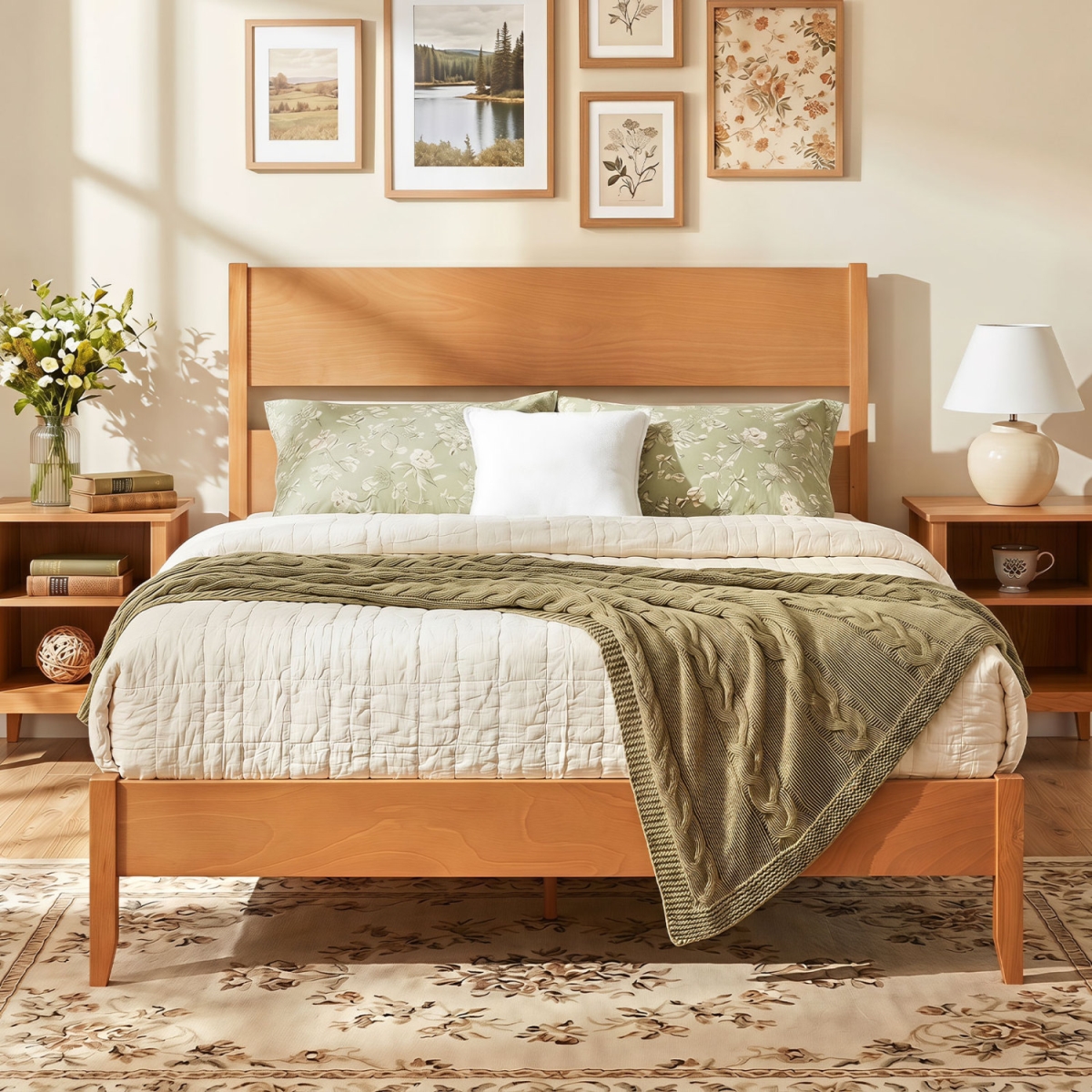HU11455MB-Q Bed Frame with Headboard & Solid Wood Legs 12 Slats - Warm Brown - Queen Size