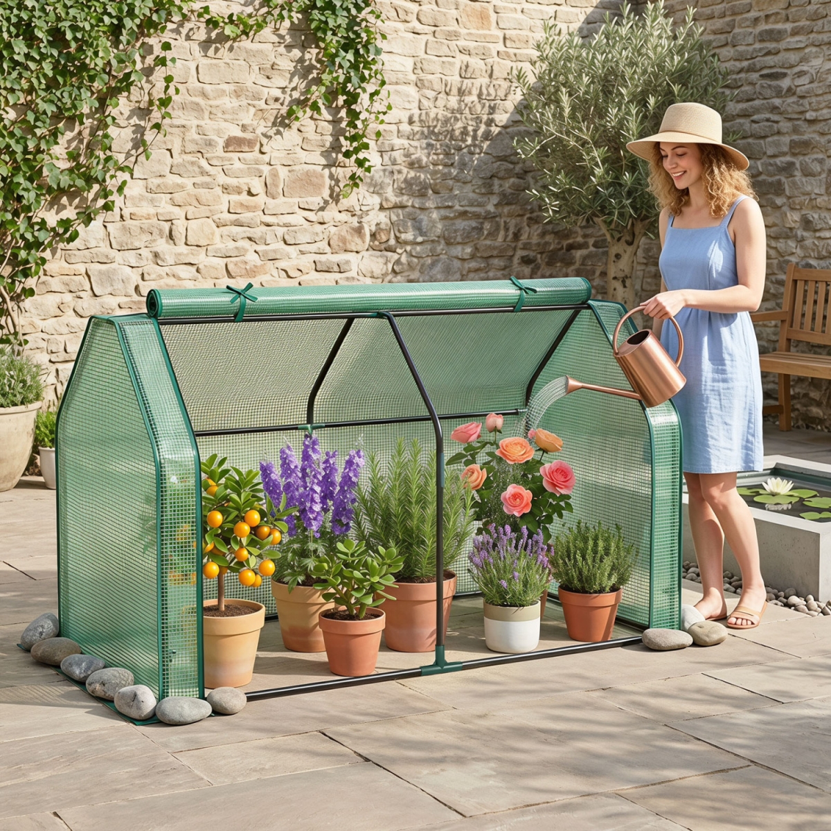 GT4860GN Portable Mini Greenhouse Small Garden Greenhouse with PE Cover & Zippered Roll-Up Door for Vegetables - Green