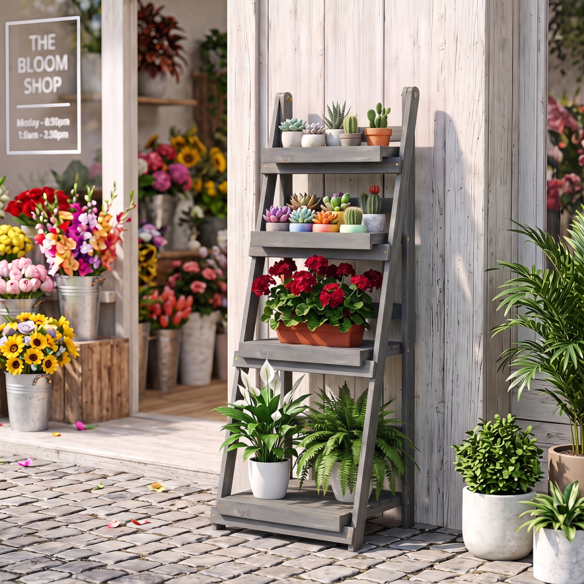 GT4869HS 4-Tier Foldable Plant Stand with Slatted Shelves for Garden - Gray
