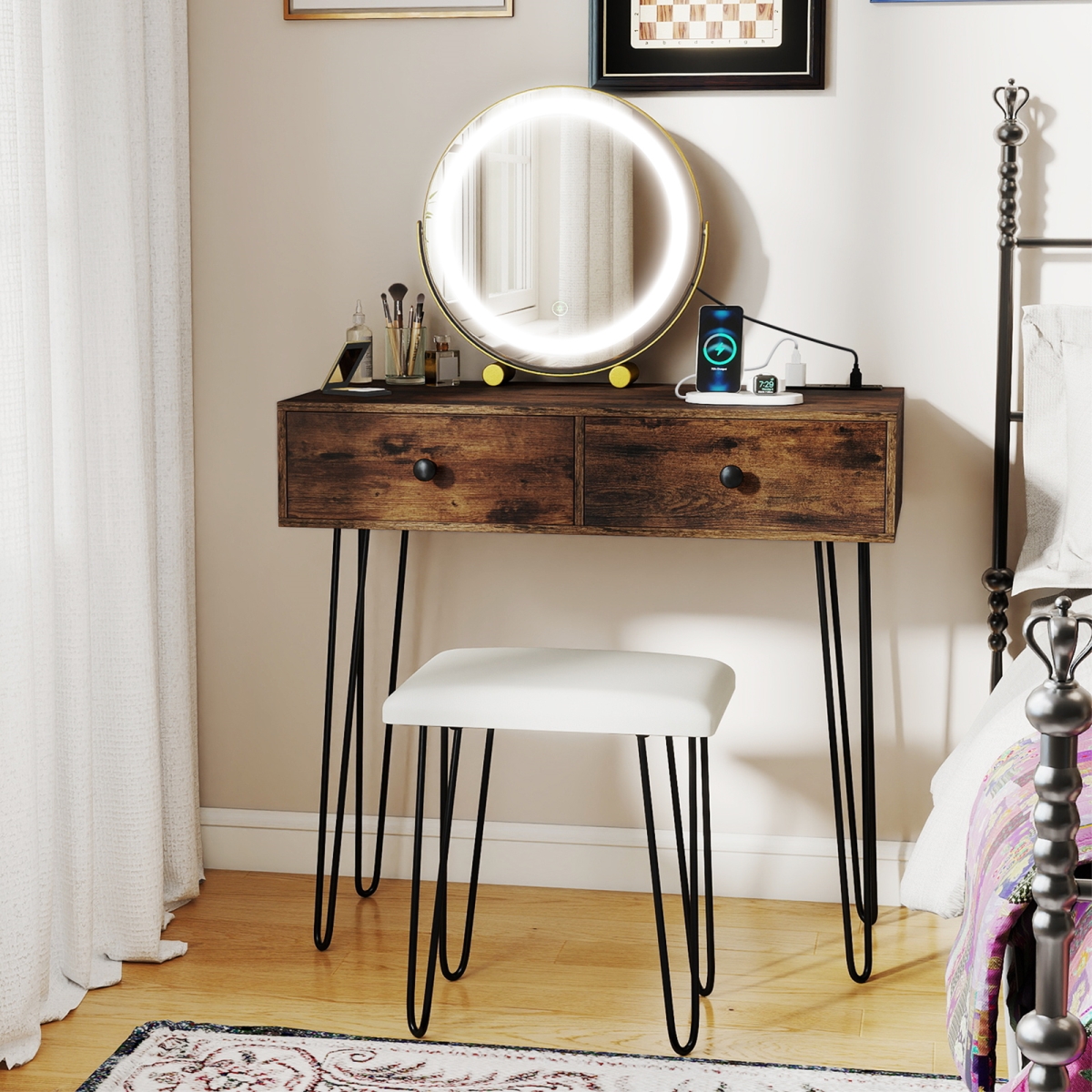 HU11206US-CF Vanity Desk with Lighted Adjustable Mirror for Bedroom - Rustic Brown