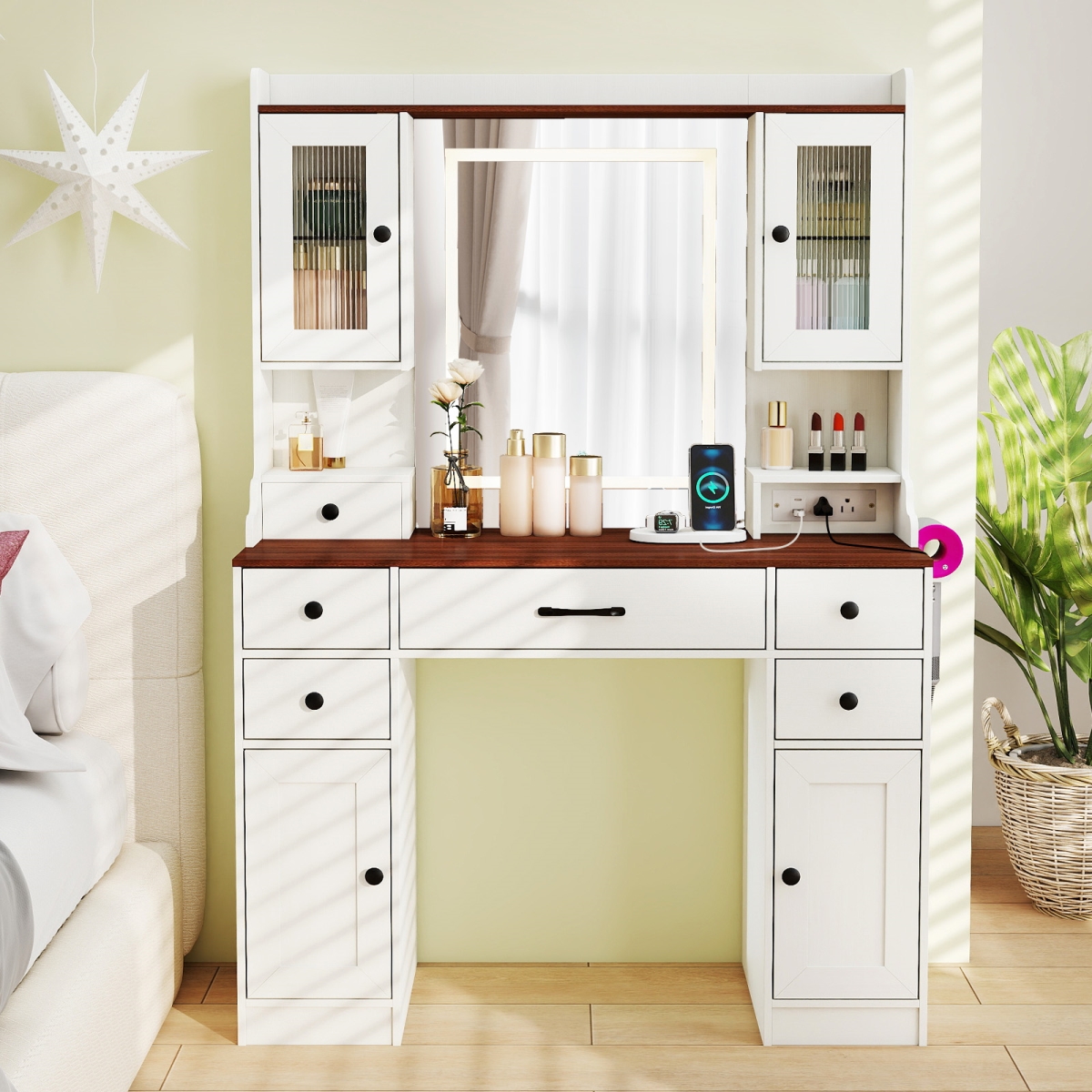 HU11212US-WH- 41.5 in. Makeup Dressing Table with Power Outlets & 3 Color Lighting Modes - White