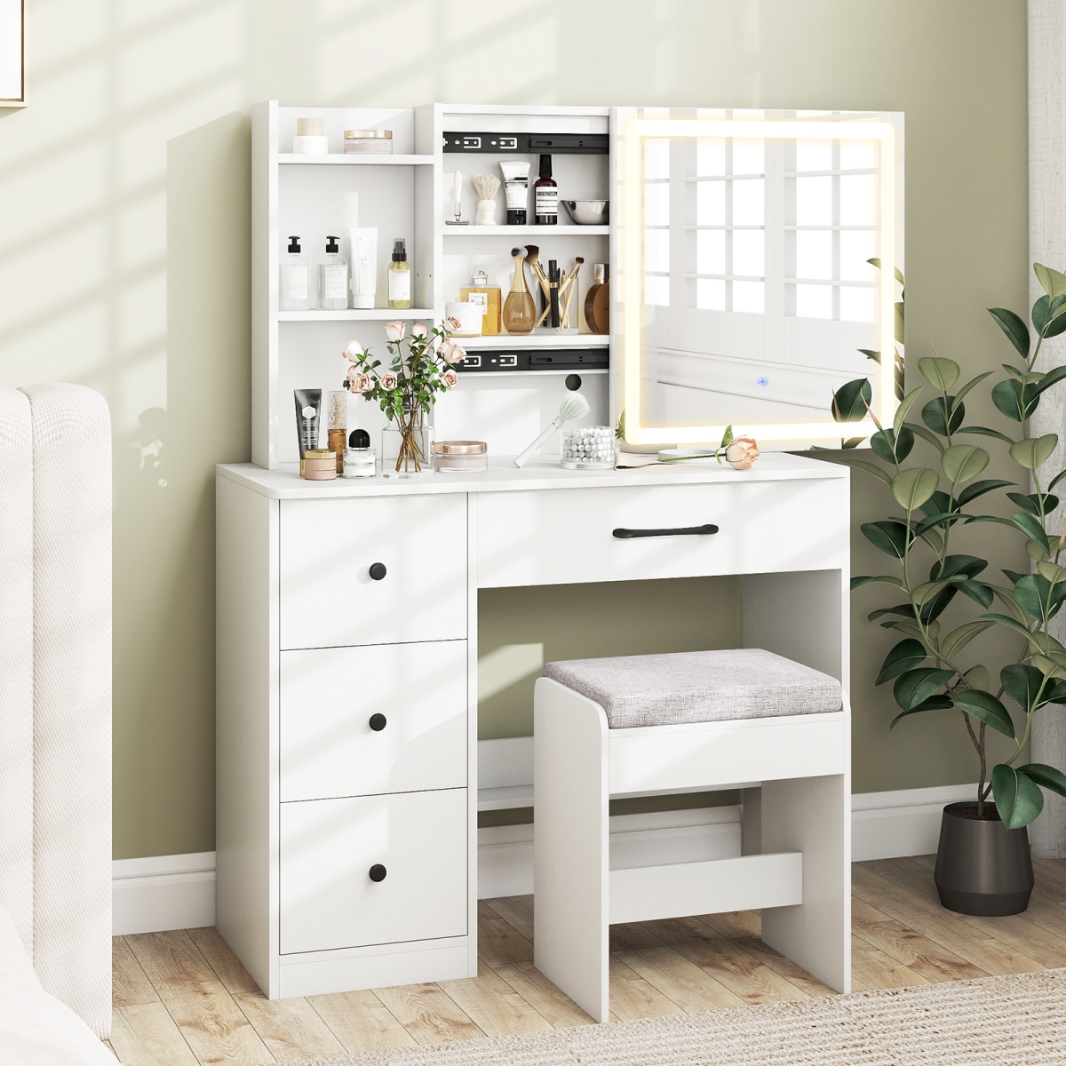 HU11233US-WH- Vanity Desk with Sliding Mirror & Lights Makeup Table & Chair Set with 4 Drawers - White