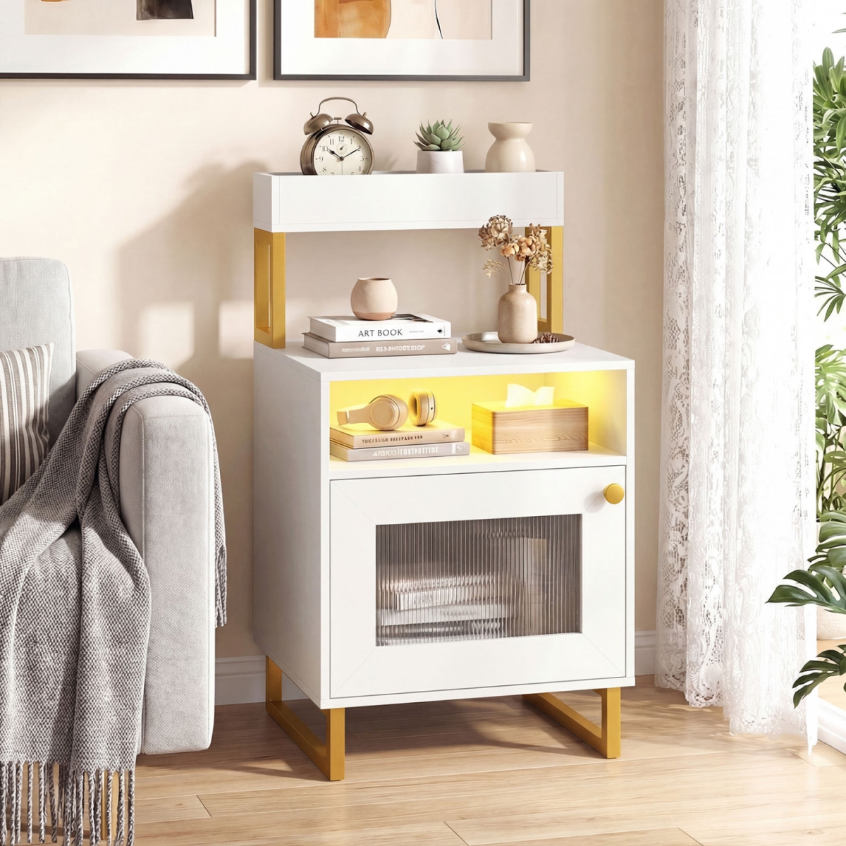 HU11248US-WH Nightstand with LED Lights Modern End Table with Top Tray Open Compartment & Storage Cabinet - White