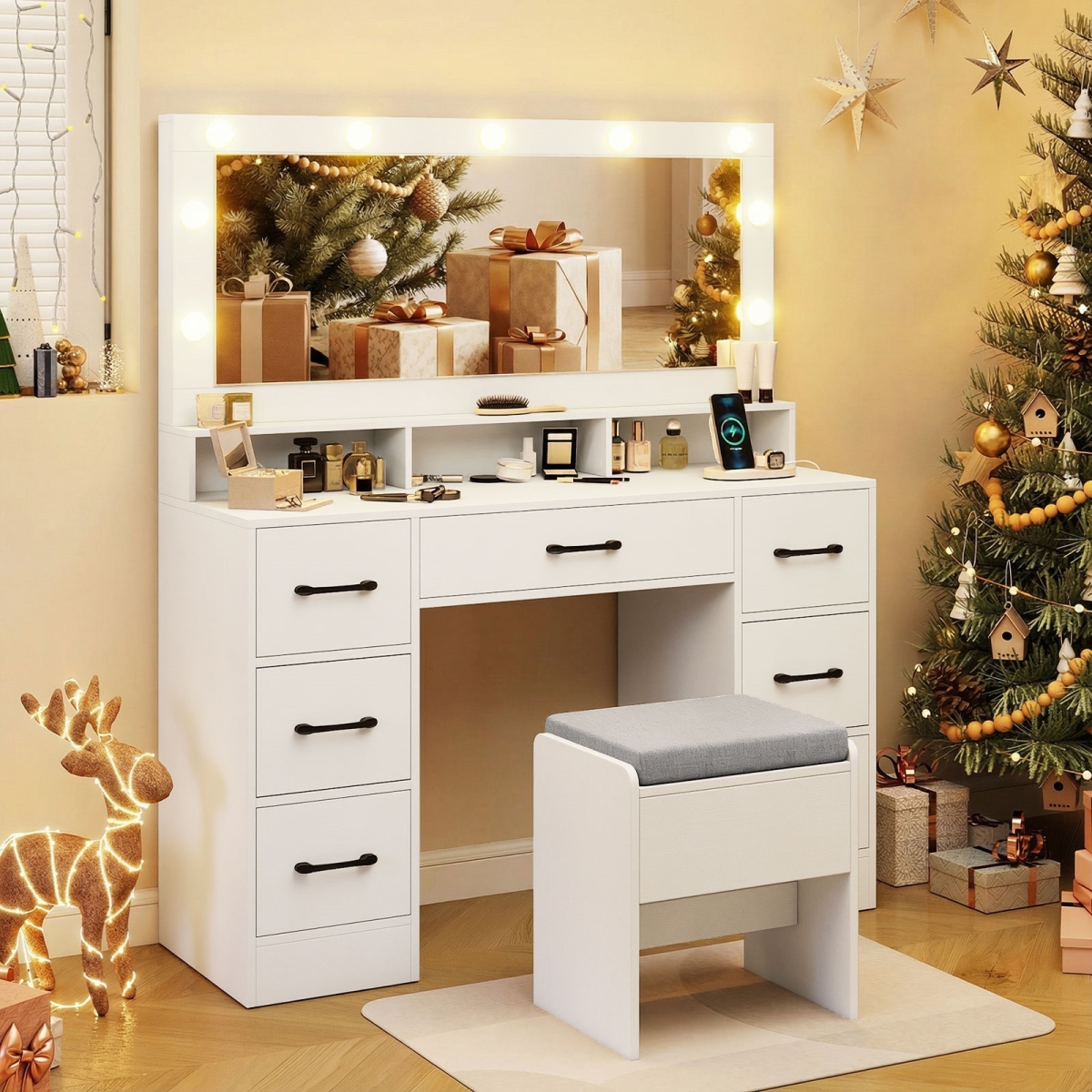 HU11251US-WH- Vanity Desk with Mirror & Lights Makeup Table with Power Outlets - White