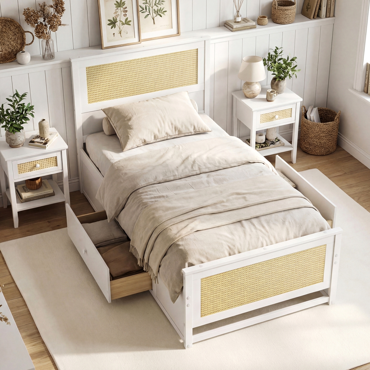 HU11366WH-T Rattan Bed Frame with Storage Drawers - White - Twin Size