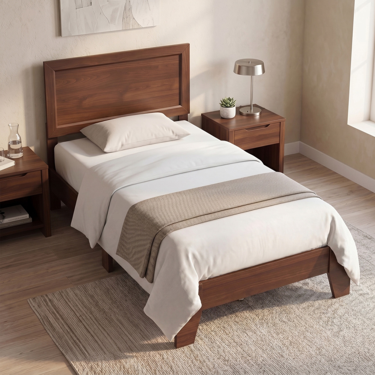 HU11404WN-T Bed Frame with Headboard for Small Room No Box Spring Needed - Walnut - Twin Size