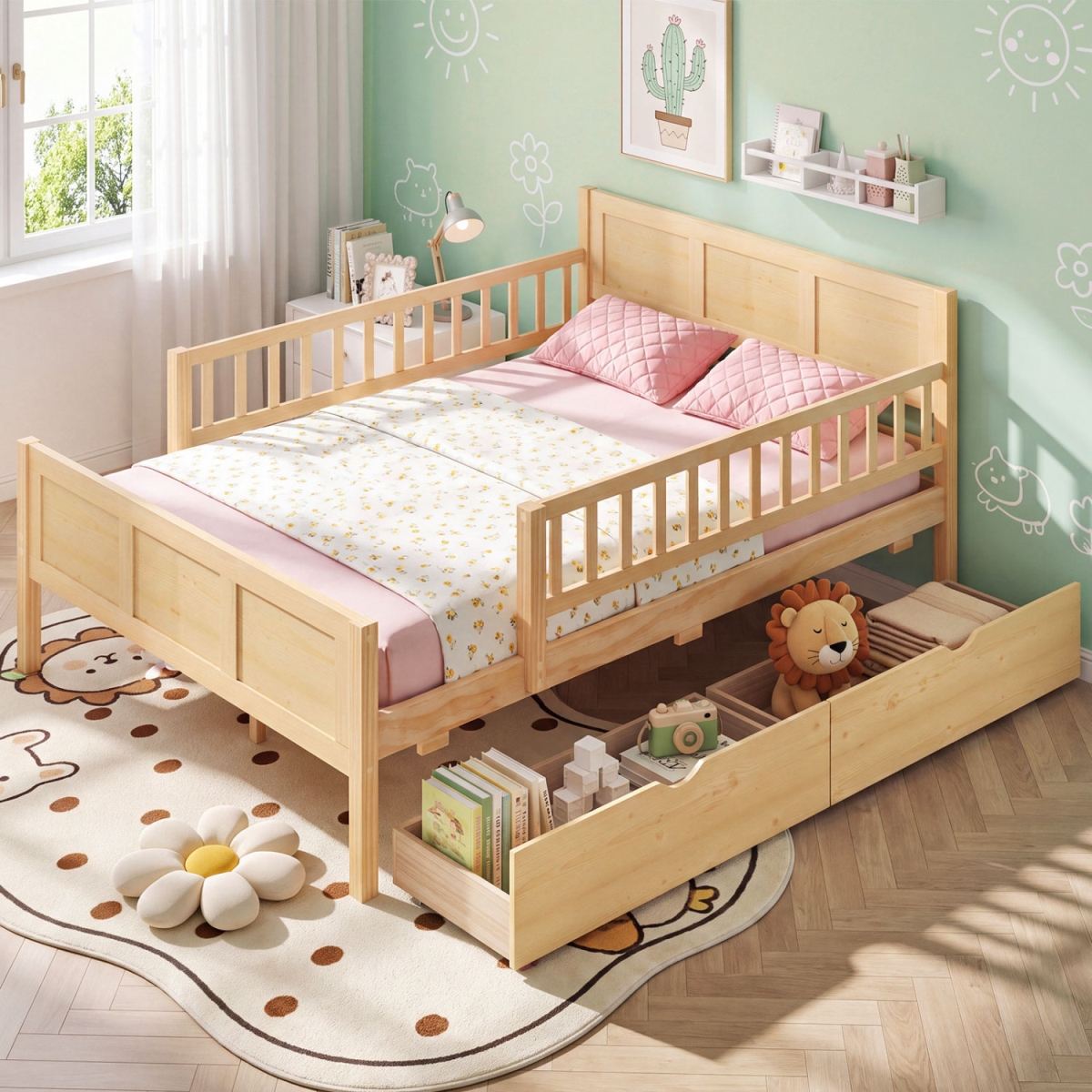 HU11522NA-F Bed Frame with Storage Drawers - Natural - Full Size