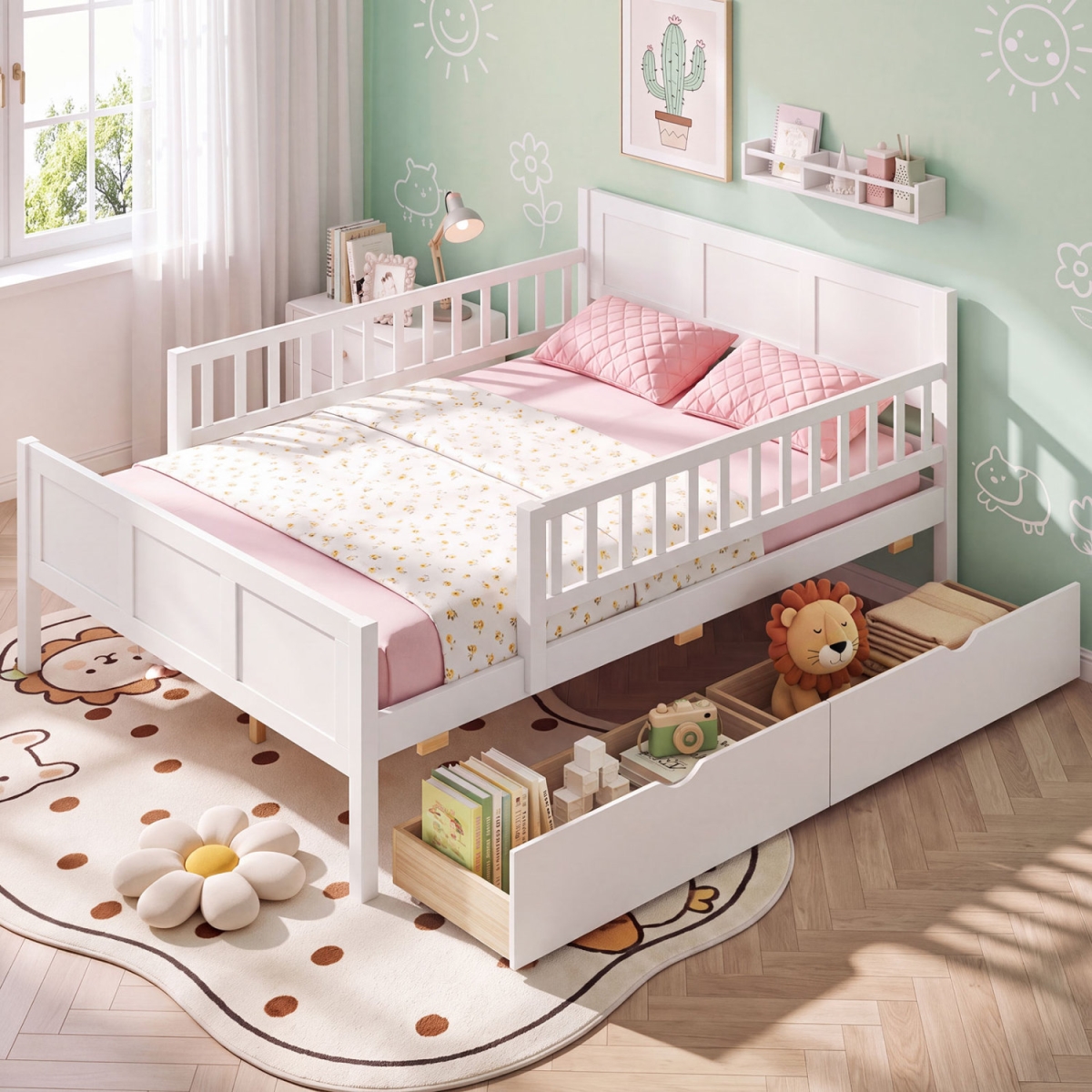 HU11522WH-F Full Size Bed Frame with Detachable Guardrails - White