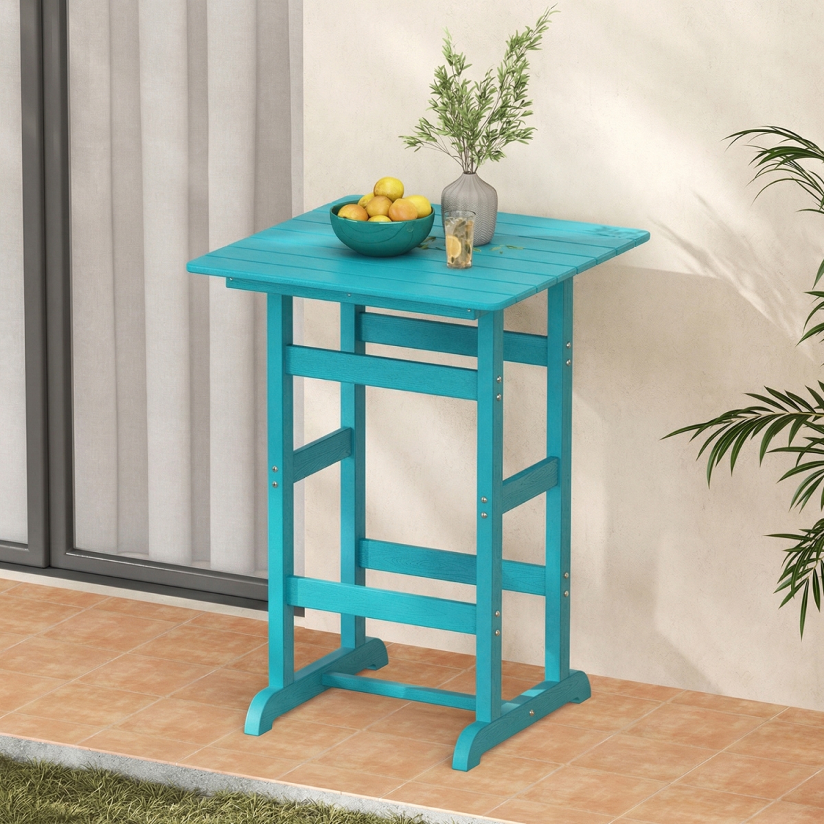 NP12060TU 30 in. Square Bar Table Dining Table with Slatted Tabletop for Poolside - Turquoise