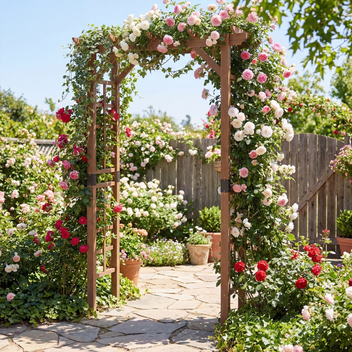 NP12318CF 7 ft. Garden Arch Wooden Arbor Outdoor Wood Trellis for Climbing Plants - Rustic Brown