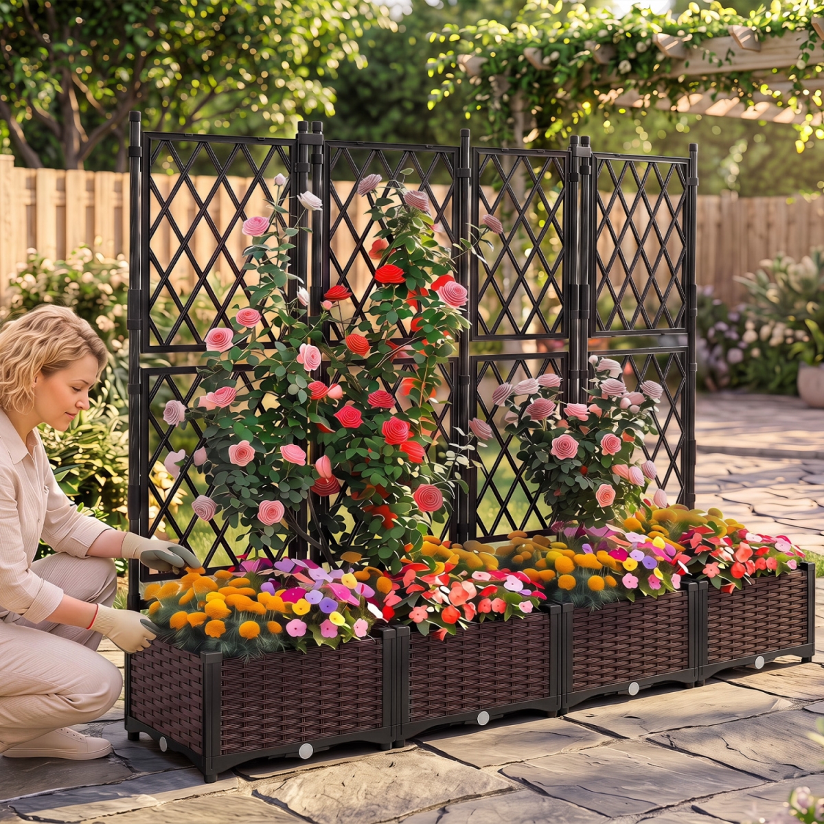 GT4270DK Raised Garden Bed with Lattice Trellis Drainage Self-Watering Elevated Vertical Planter Boxes - Black