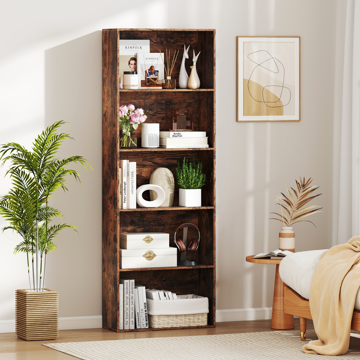 JV13162CF 5-Tier Bookshelf Open Bookcase Freestanding Display Shelf Storage Organizer - Rustic Brown