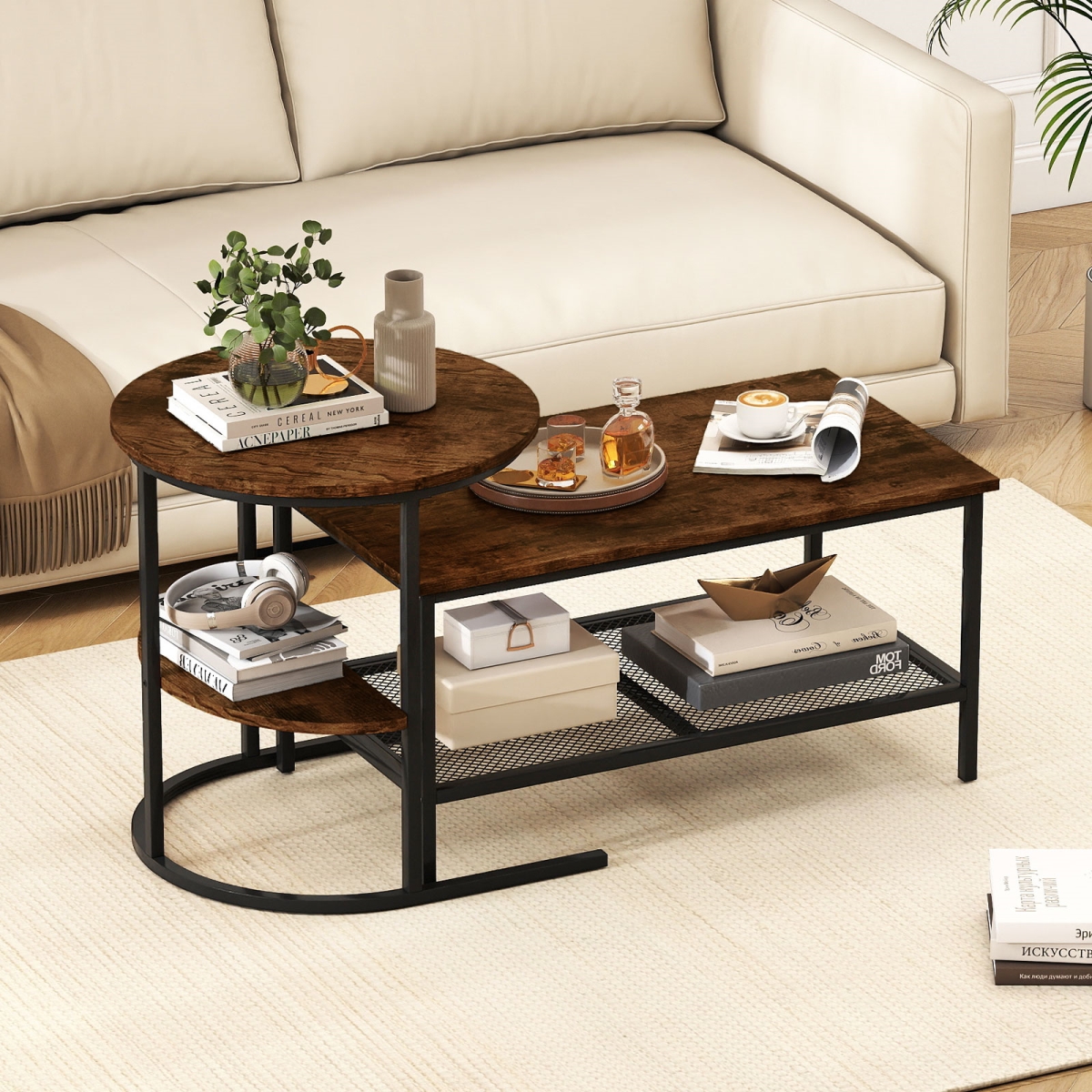 JV13177CF Coffee Table 2-Tier Rectangle Coffee Table & Side End Table with Storage Shelves - Rustic Brown