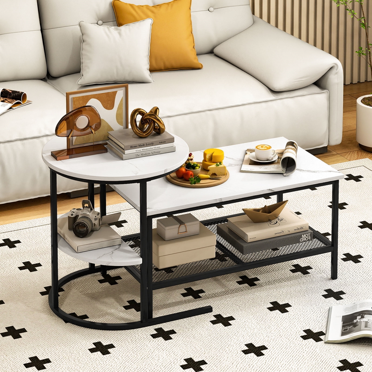 JV13177WH Coffee Table 2-Tier Rectangle Coffee Table & Side End Table with Storage Shelves - White - Set of 2