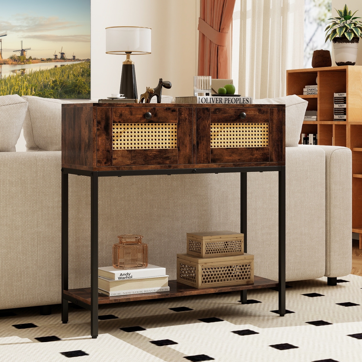 JV13248CF Rattan Console Table Boho Entryway Table with 2 Rattan Drawers & Open Storage Shelf - Rustic Brown