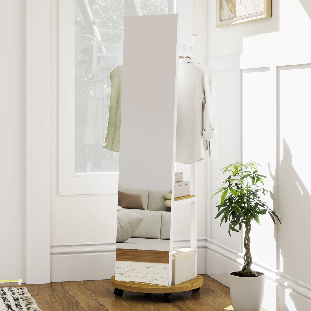 JV13313NA Coat Rack with Full Length Mirror Freestanding Coat Tree with 3 Hooks - Natural