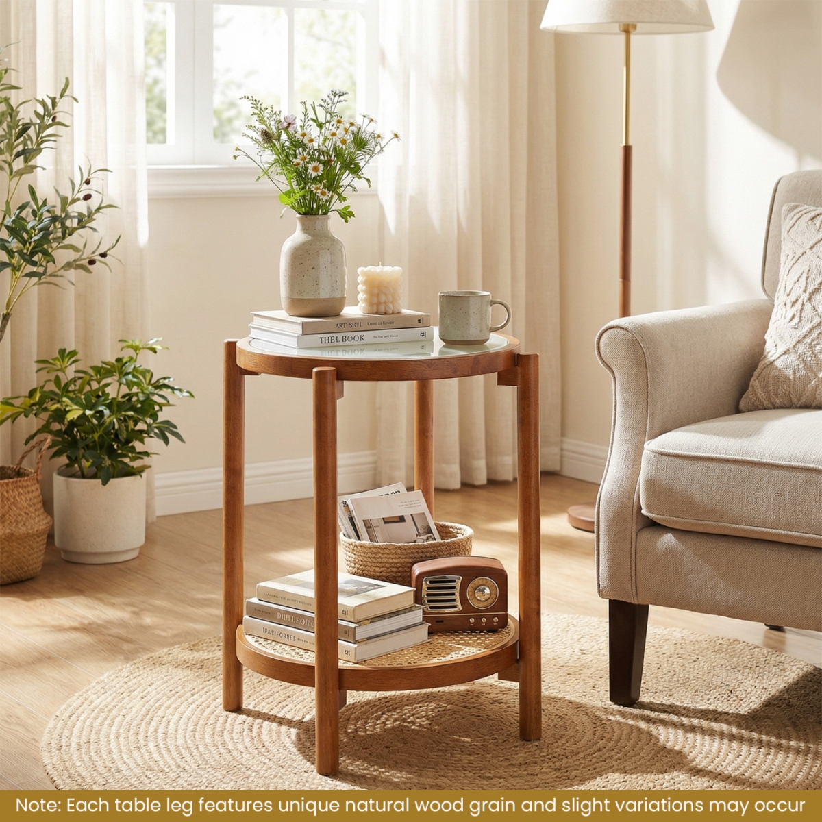 JV13331WN Round Side Table 2-Tier Boho End Table with Tempered Glass Top - Walnut