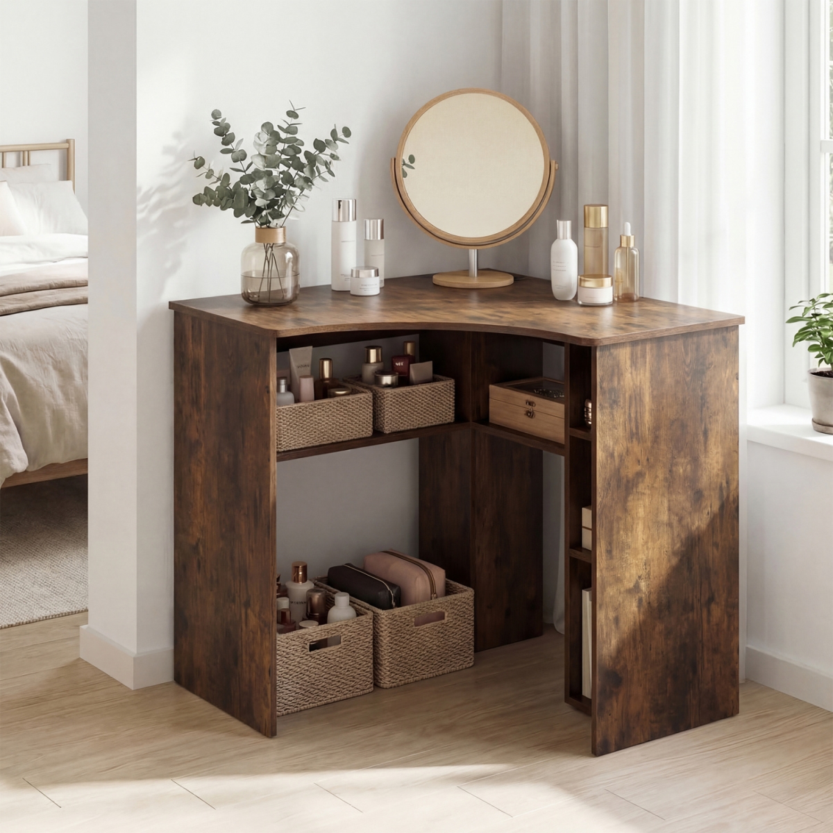 JV13474US-CF Corner Computer Triangle Home Office Desk with Adjustable Shelf & Arc-Shaped Profile - Rustic Brown