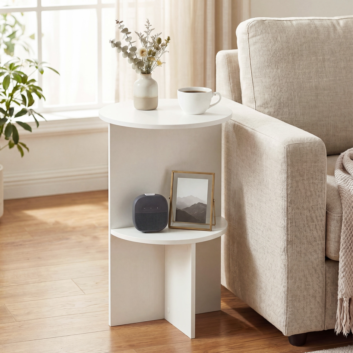 JV13486WH-1 2-Tier Round Side Table with Storage Shelf for Small Space - White