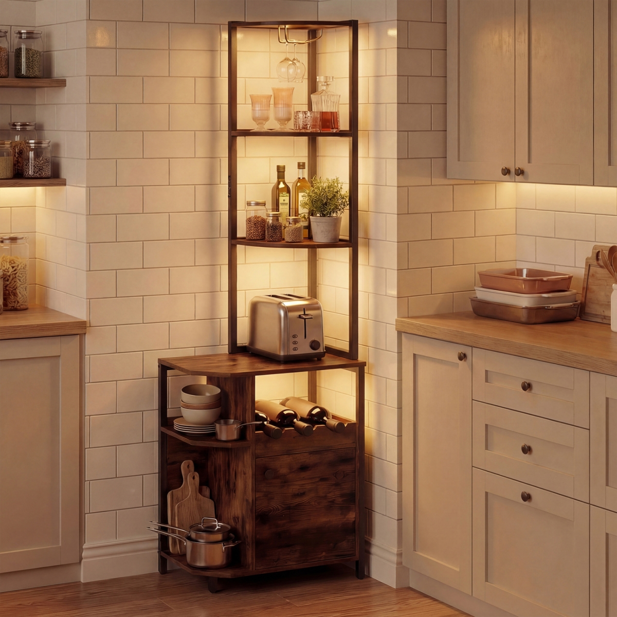 JV13511US-CF 6-Tier Corner Bar Cabinet with LED Lights & Charging Station for Kitchen - Rustic Brown
