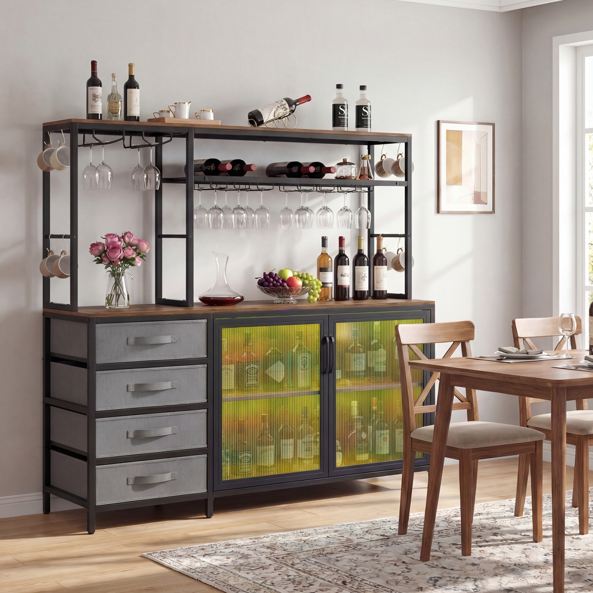 JV13542US-CF Sideboard Buffet Cabinet with LED Lights 55 in. Coffee Table with Power Outlets - Rustic Brown