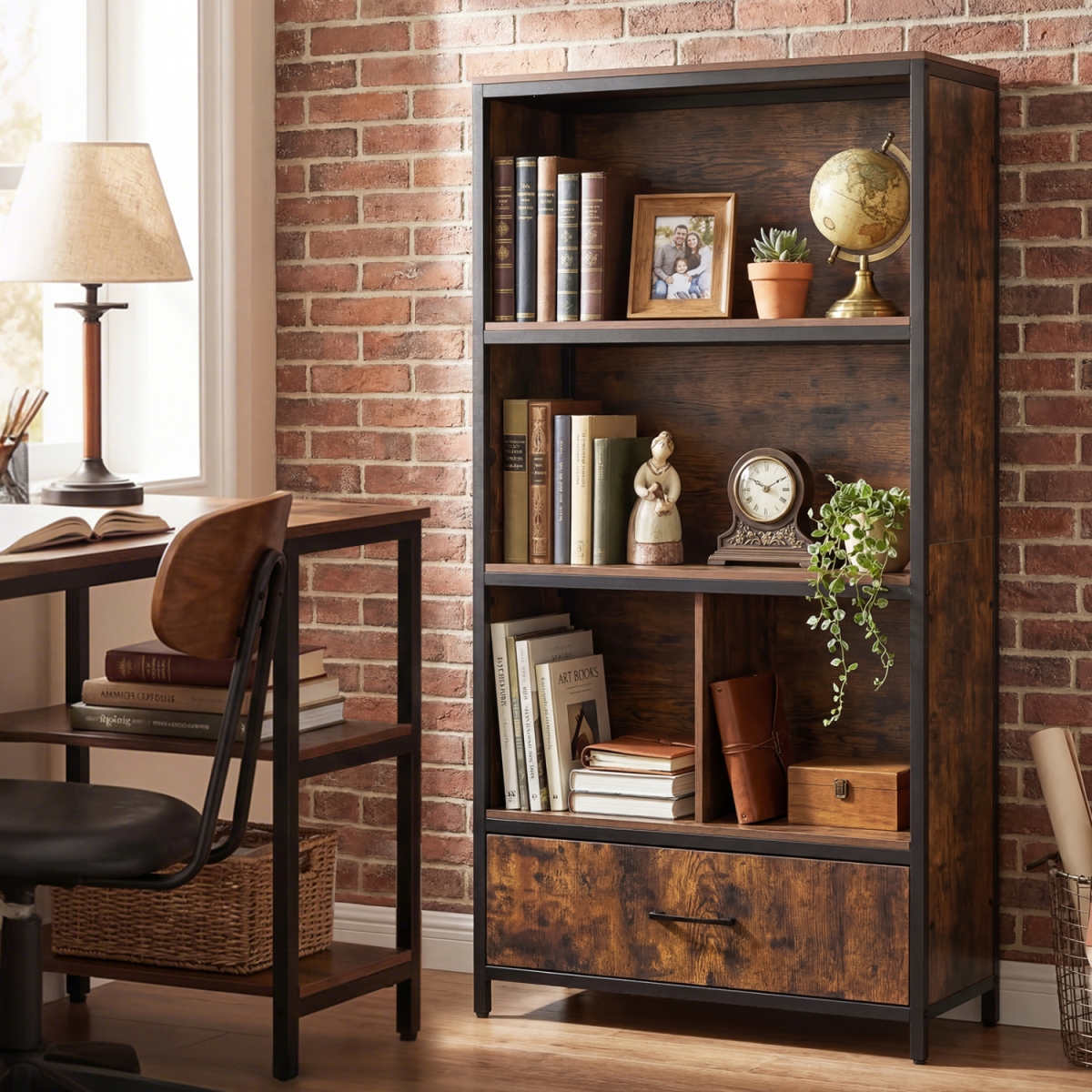 JV13650CF 56 in. Tall Freestanding Bookcase with Drawer 5 Tier - Rustic Brown