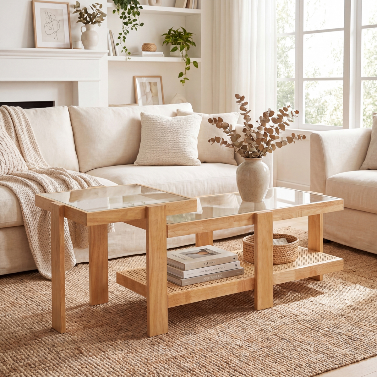 JV13656NA Nesting Coffee Table with Boho Rattan Accent Table - Natural - Set of 2