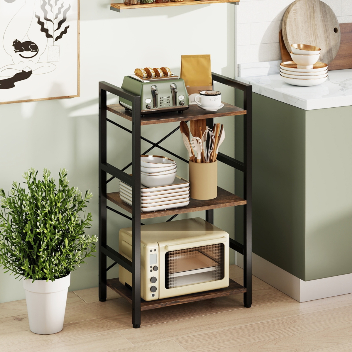 JV13737CF 4-Tier Bookshelf with Metal Frame & Wooden Storage Racks for Study - Rustic Brown