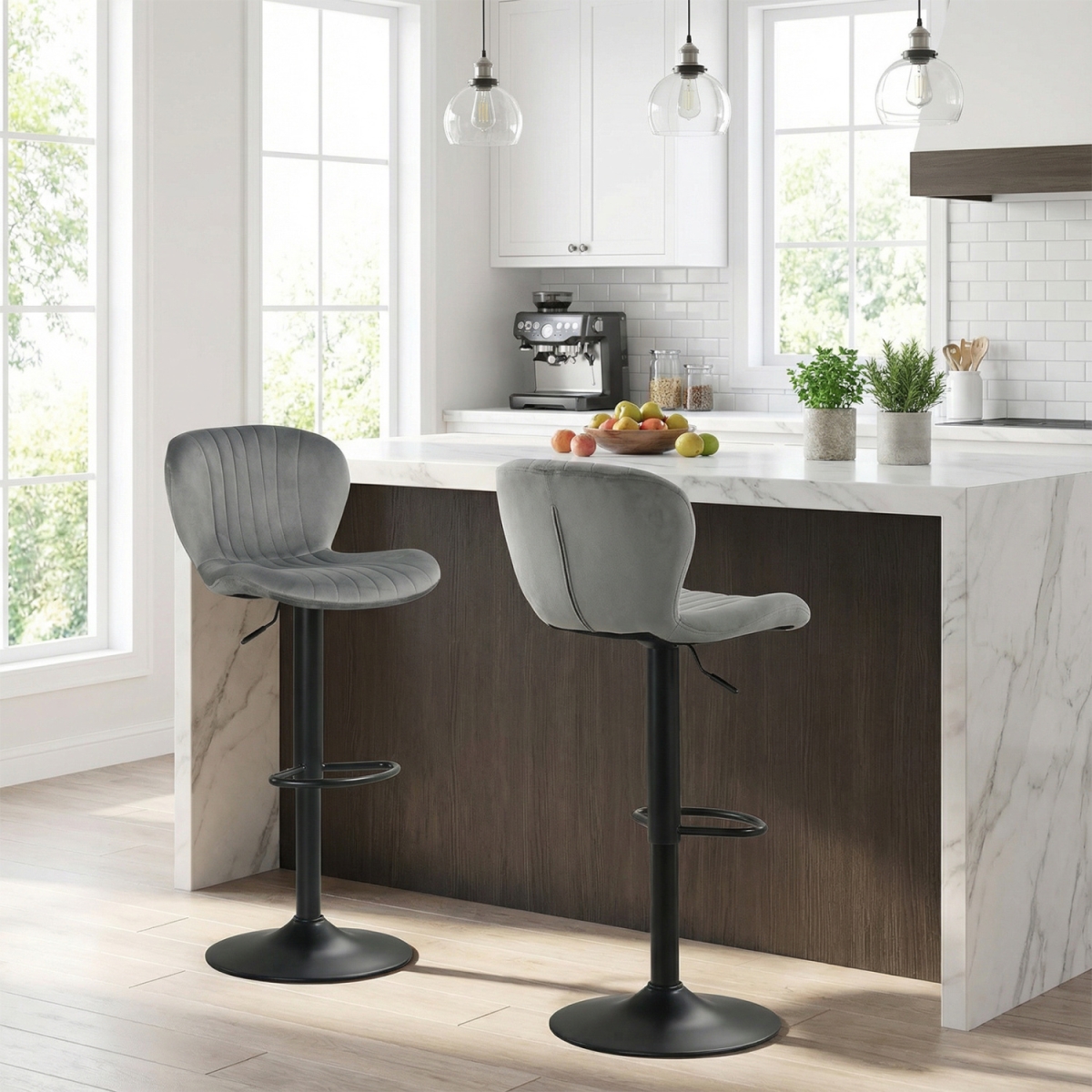 JV13739GR-2 Adjustable Counter Height Chairs with Velvet Upholstered Backrests - Gray - Set of 2