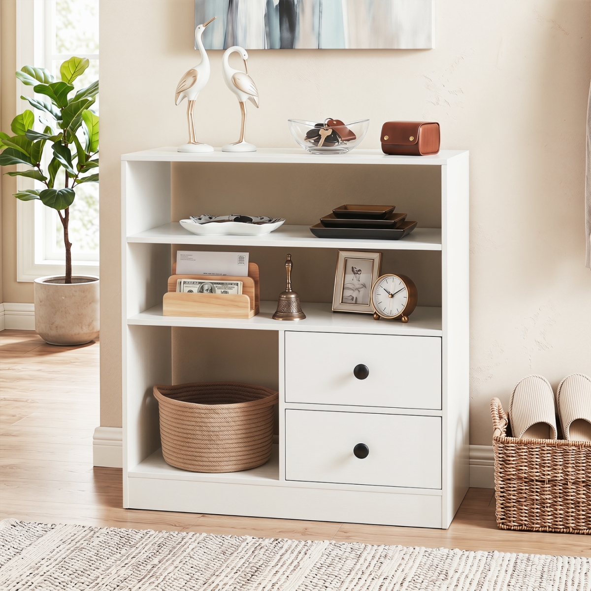 JV13753WH Open Storage Cabinet with 3 Open Compartments & 2 Drawer - White