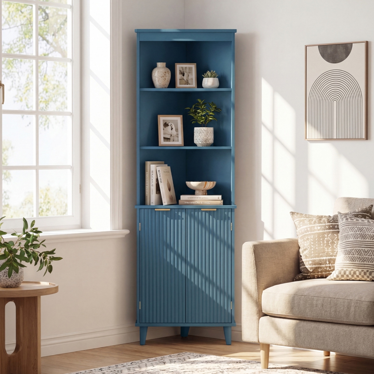 JV13811BL 68 in. Tall Bathroom Floor Storage Cabinet with Fluted Doors - Blue
