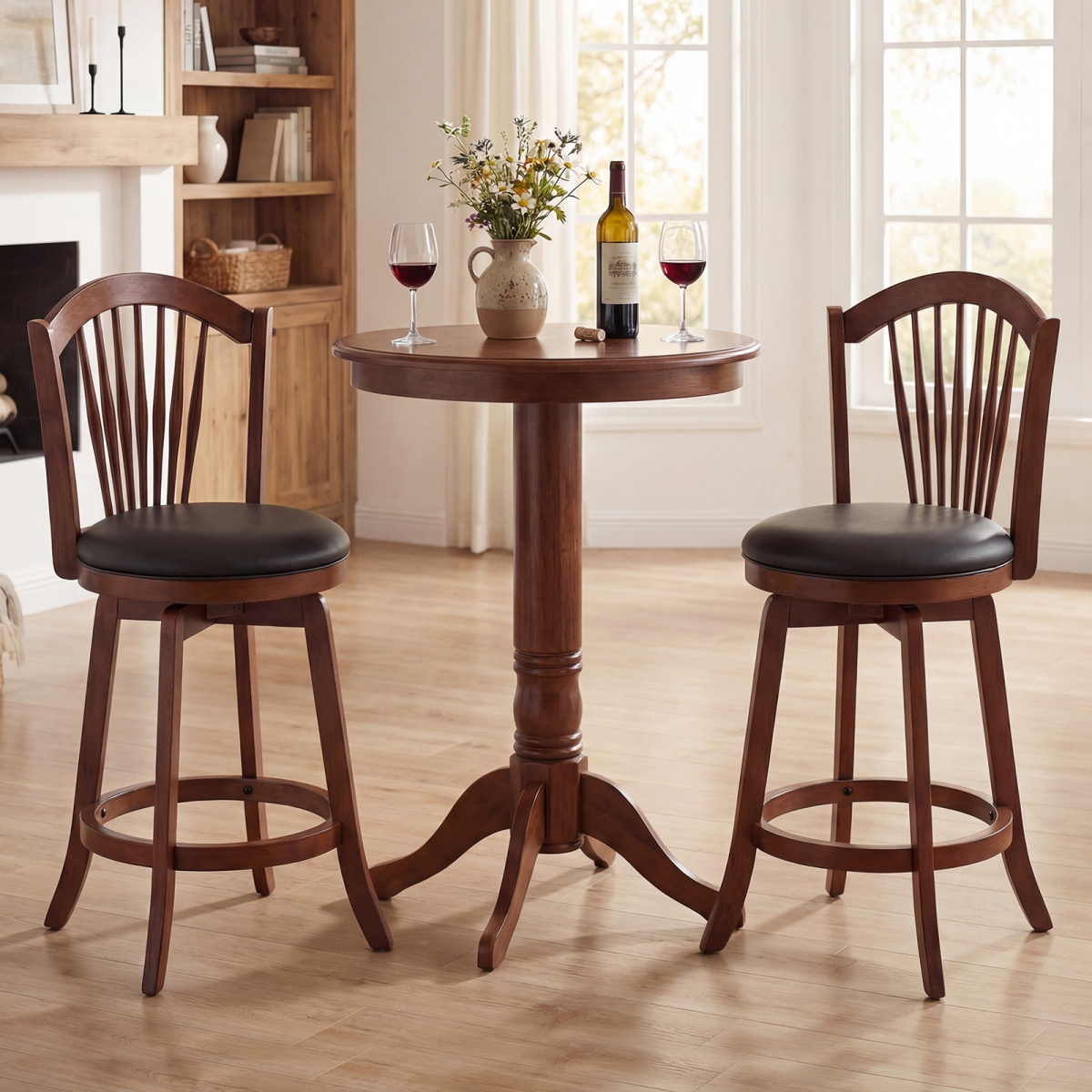 JV13817ES-24 Swivel Bar Stools with Backrests & Wood Frame for Kitchen Island - Expresso & Black - 24 in.