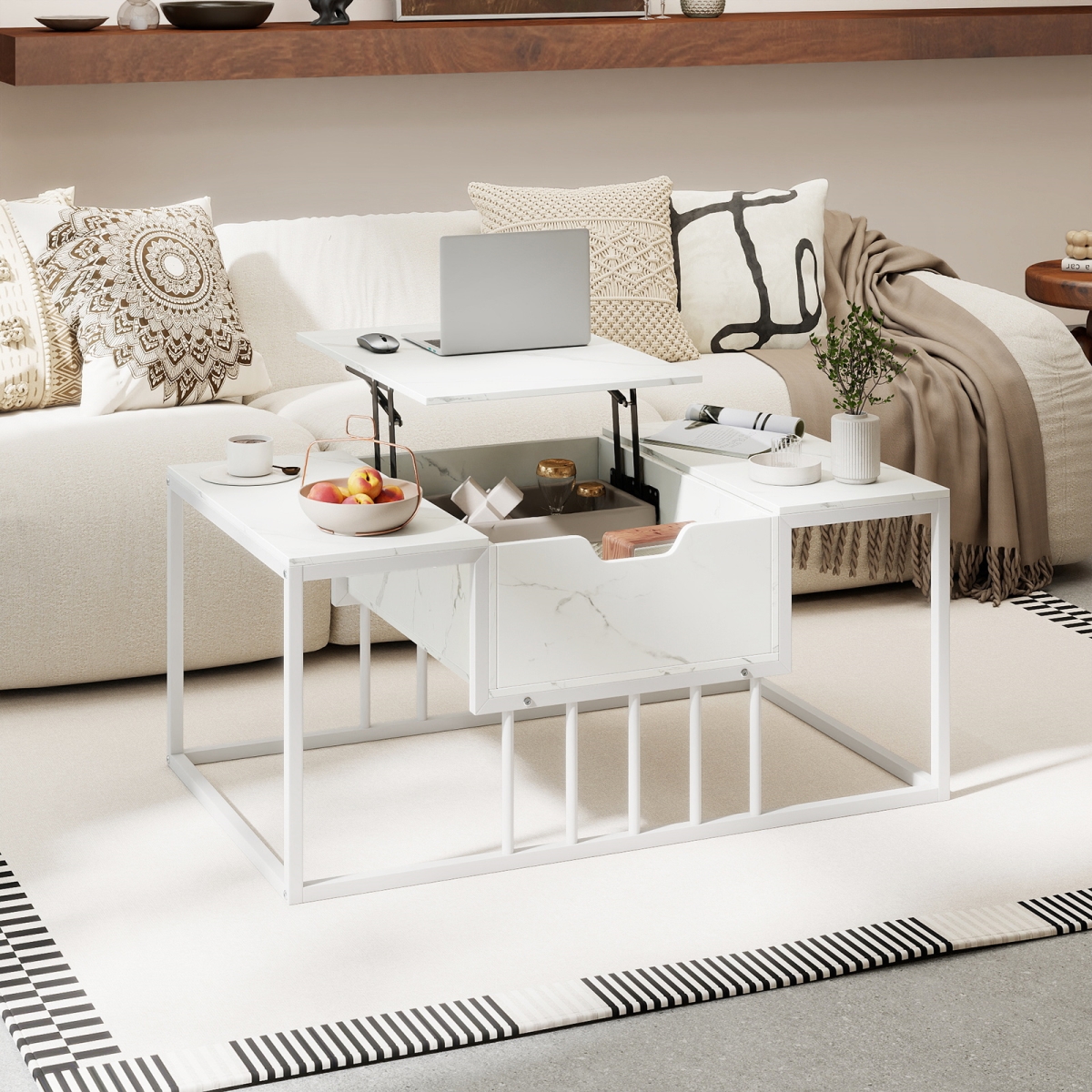 JV13821WH Lift Top Coffee Table Modern Center Table with Hidden Storage Compartment - White