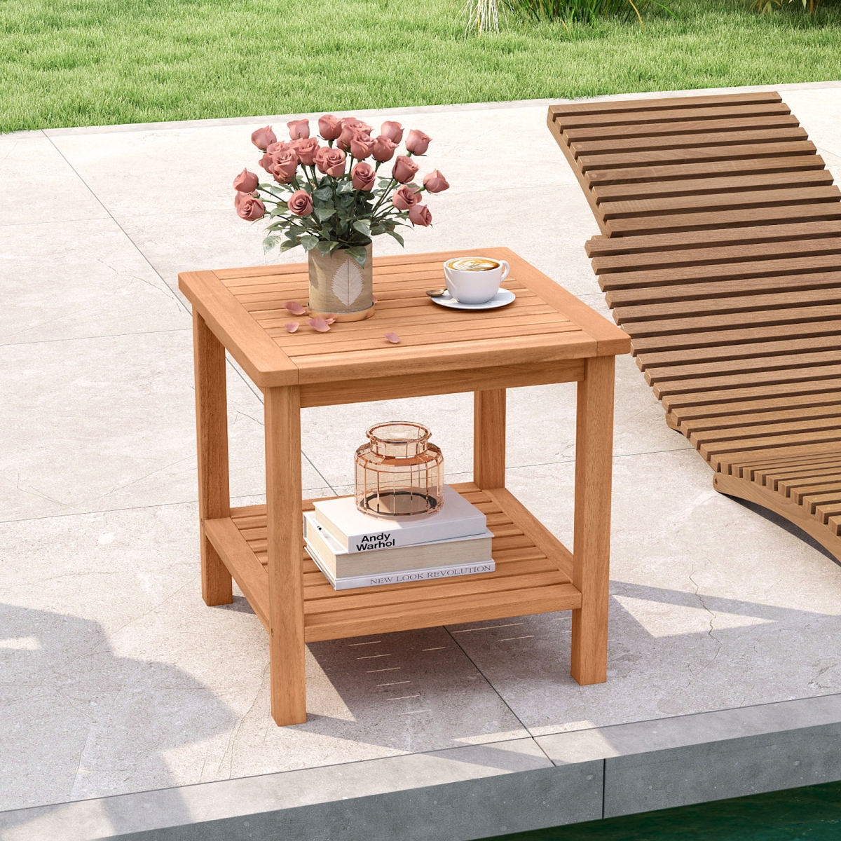 JV13841 Patio Acacia Wood Side Table with Slatted Tabletop & Storage Shelf