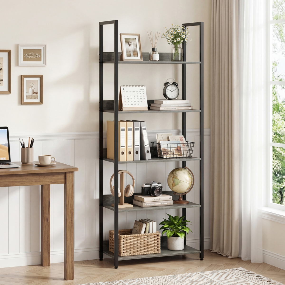 JV13849OA 5-Tier Bookshelf Tall Wooden Open Bookcase with Back Panels - Oak
