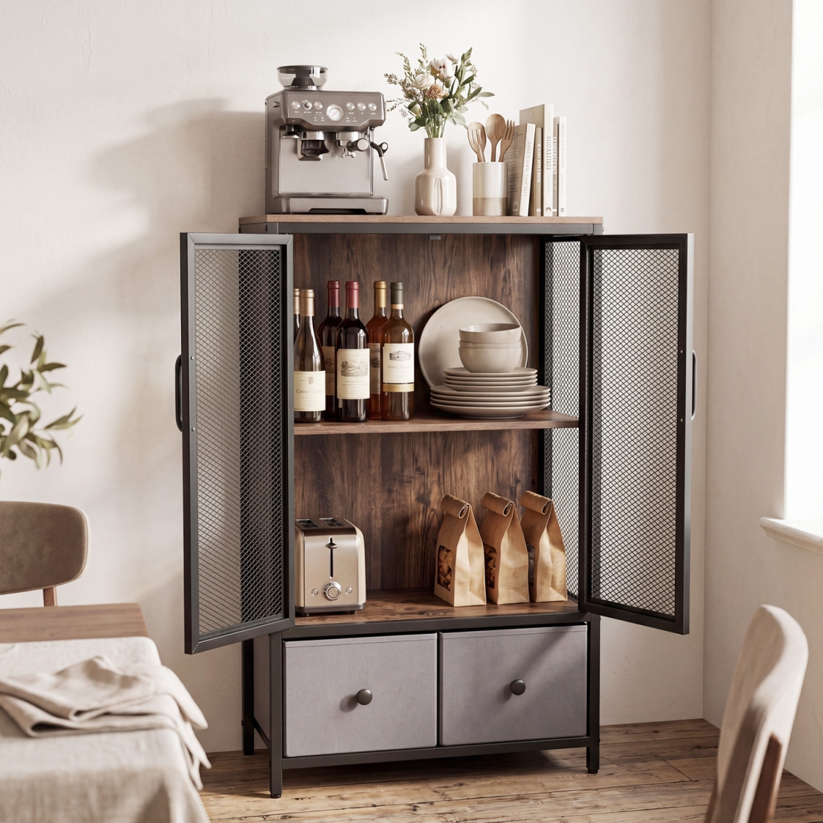 JV13901CF Industrial Coffee Bar Cabinet with 2-Tier Storage Compartment - Rustic Brown