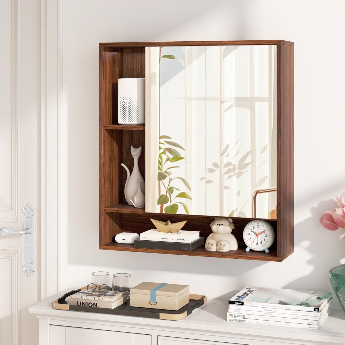 JV13907WN Wall Mounted Bathroom Cabinet with Mirror Single Door - Walnut