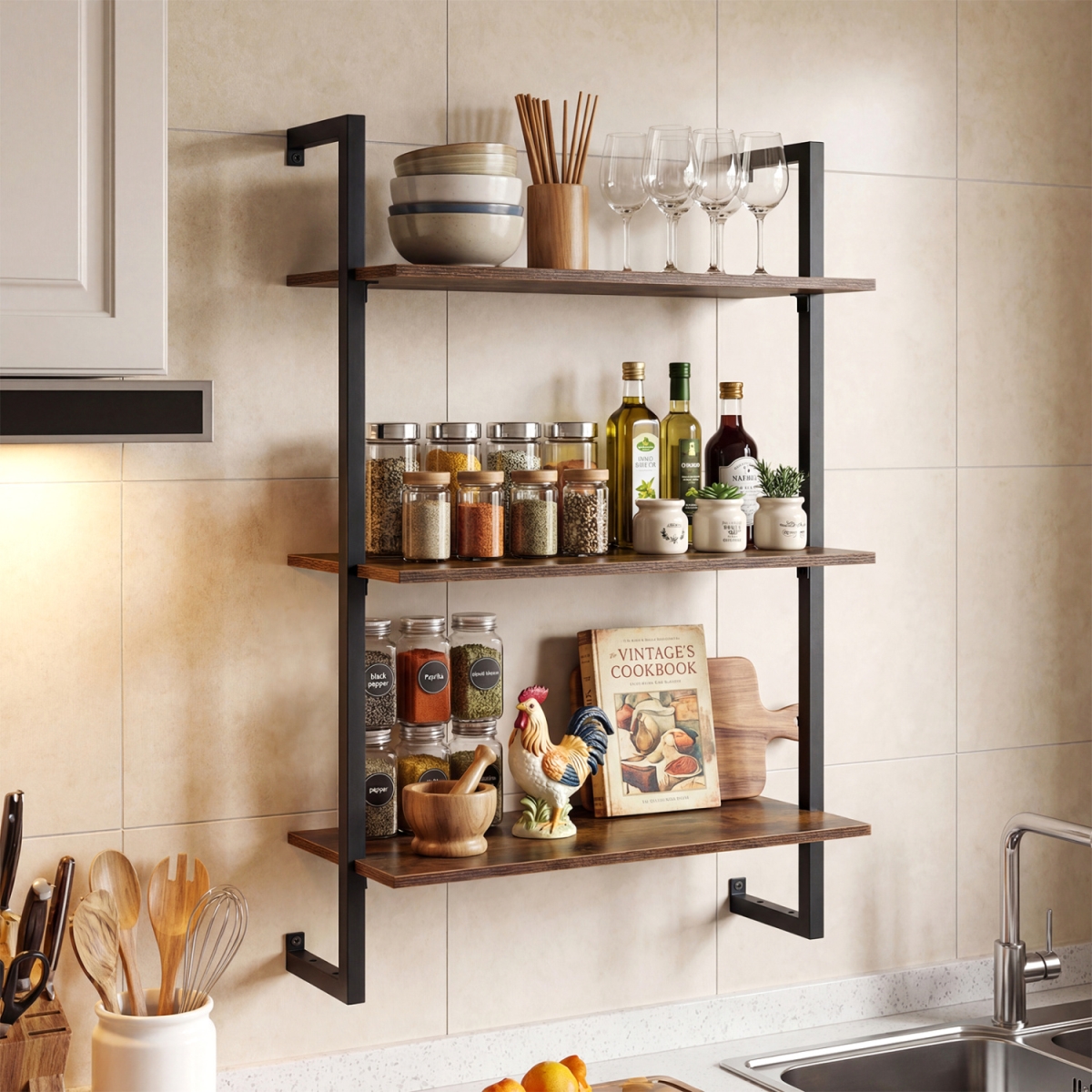 JV13927CF 3-Tier Floating Modern Kitchen Shelf for Living Room Home Office & Bathroom - Rustic Brown