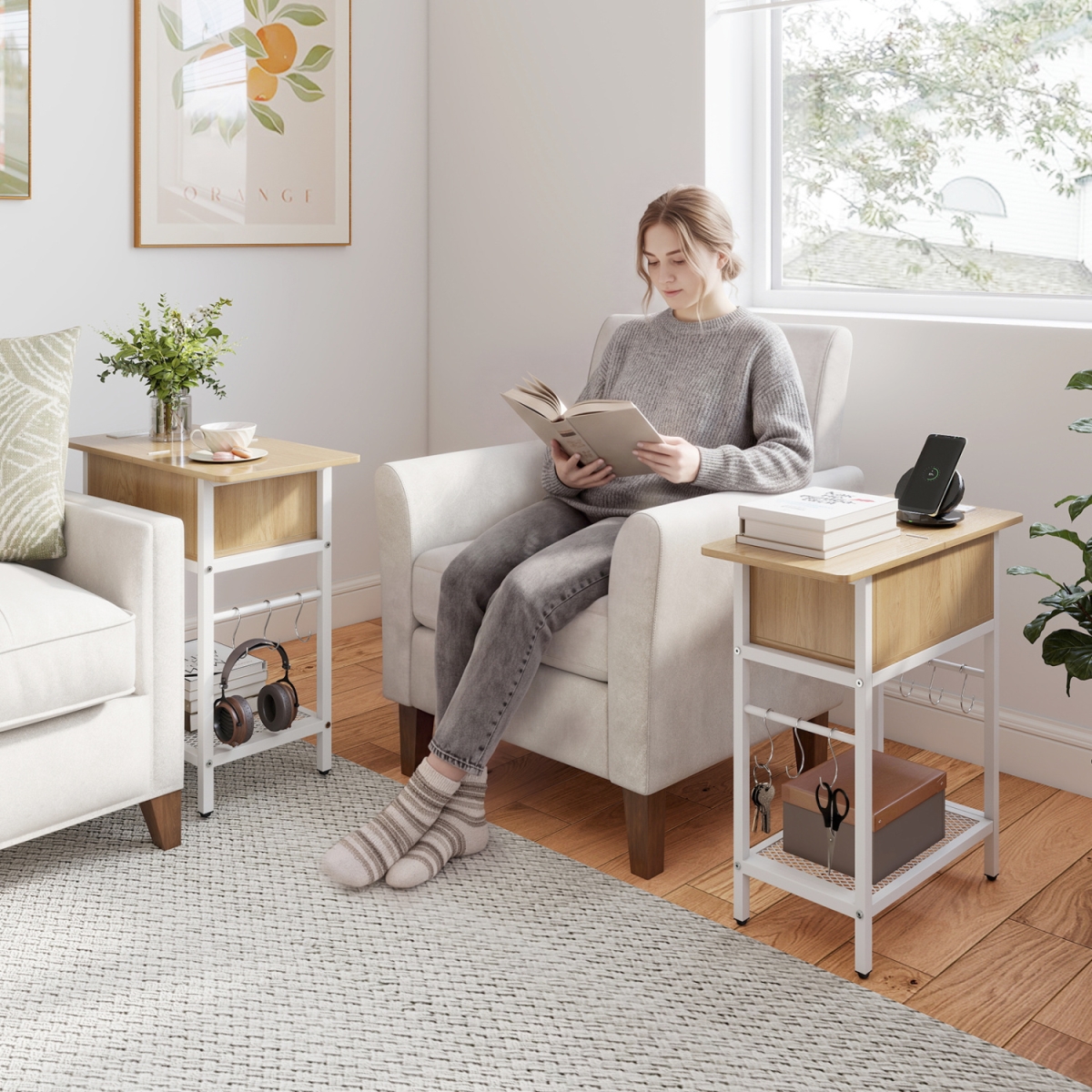 JV13937US-2NA End Table with Charging Station & Hidden Compartment - Natural - Set of 2