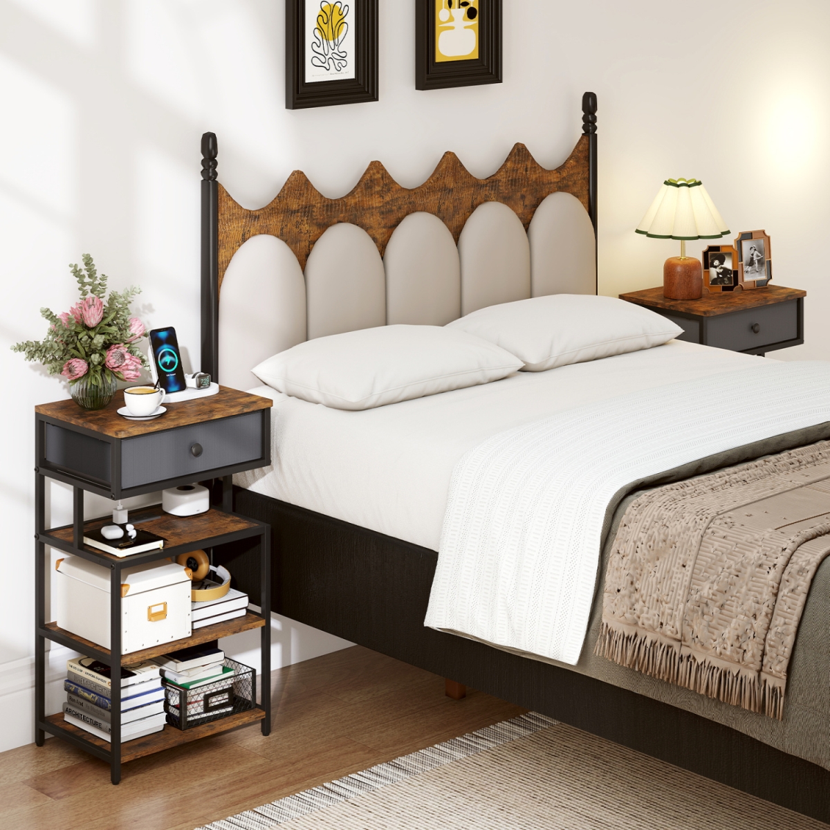 JV13979US-2CF Nightstand with Charging Station 28 in. Tall Bedside Table with Fabric Drawer - Rustic Brown - Set of 2