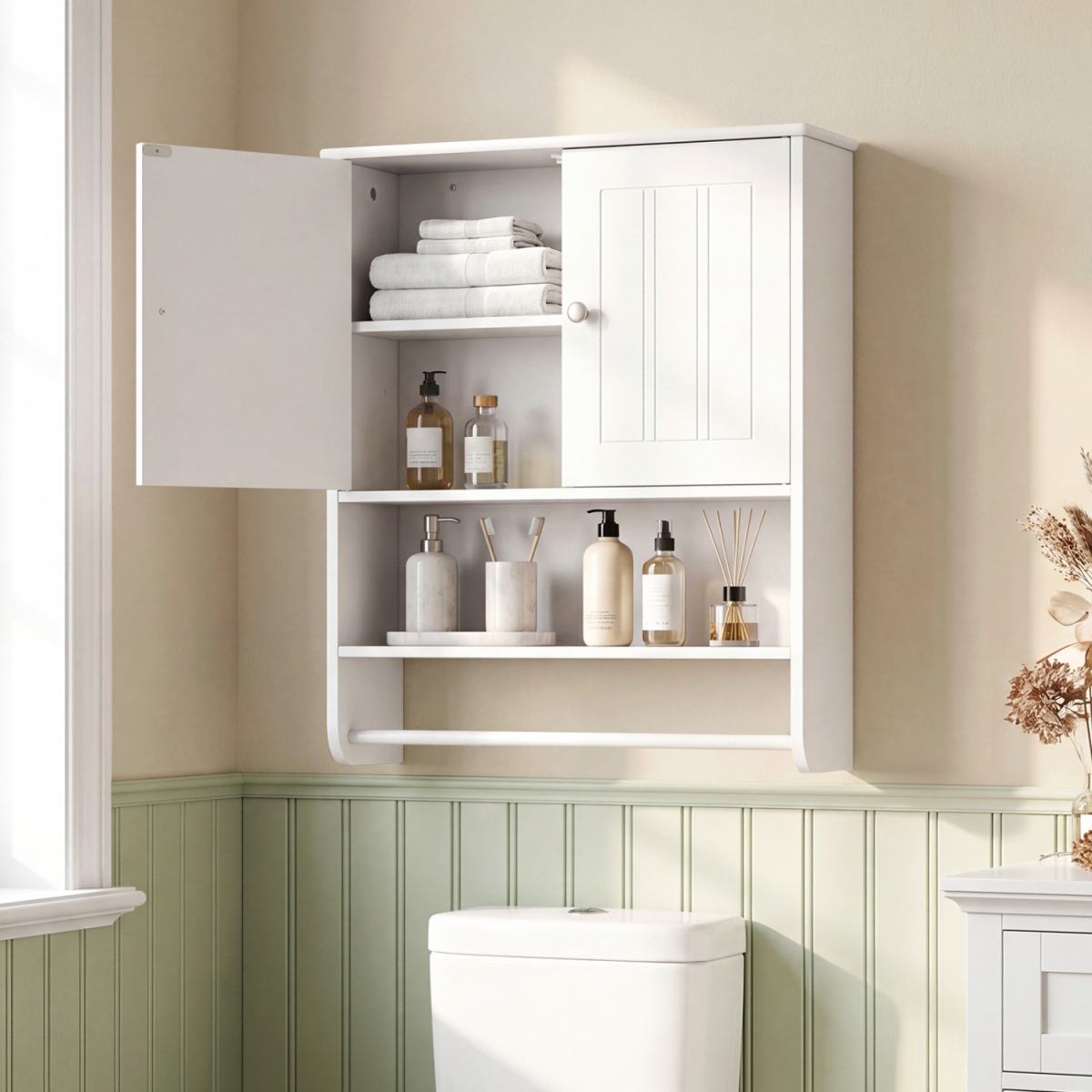 JV14031WH Bathroom Wall Cabinet with Towel Bar & Open Shelf & Adjustable Shelf - White