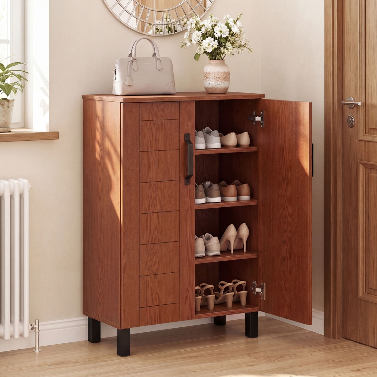 JV14051BN 5-Tier Storage Cabinet Freestanding Wooden Shoe Rack Organizer - Brown