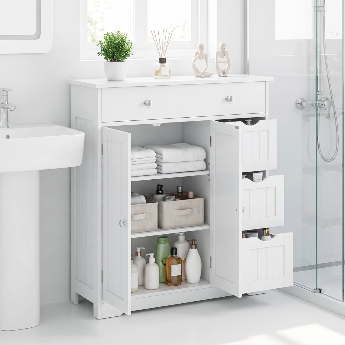 JV14204WH Bathroom Floor Cabinet with 4 Drawers with 2 Doors & Adjustable Shelf - White