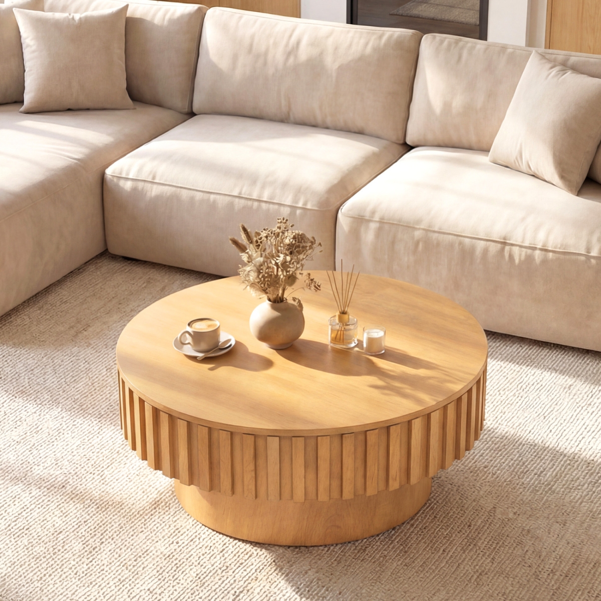 JV14208NA Round Coffee Table with Storage Modern Wooden Drum Coffee Table with Hidden Compartment - Natural