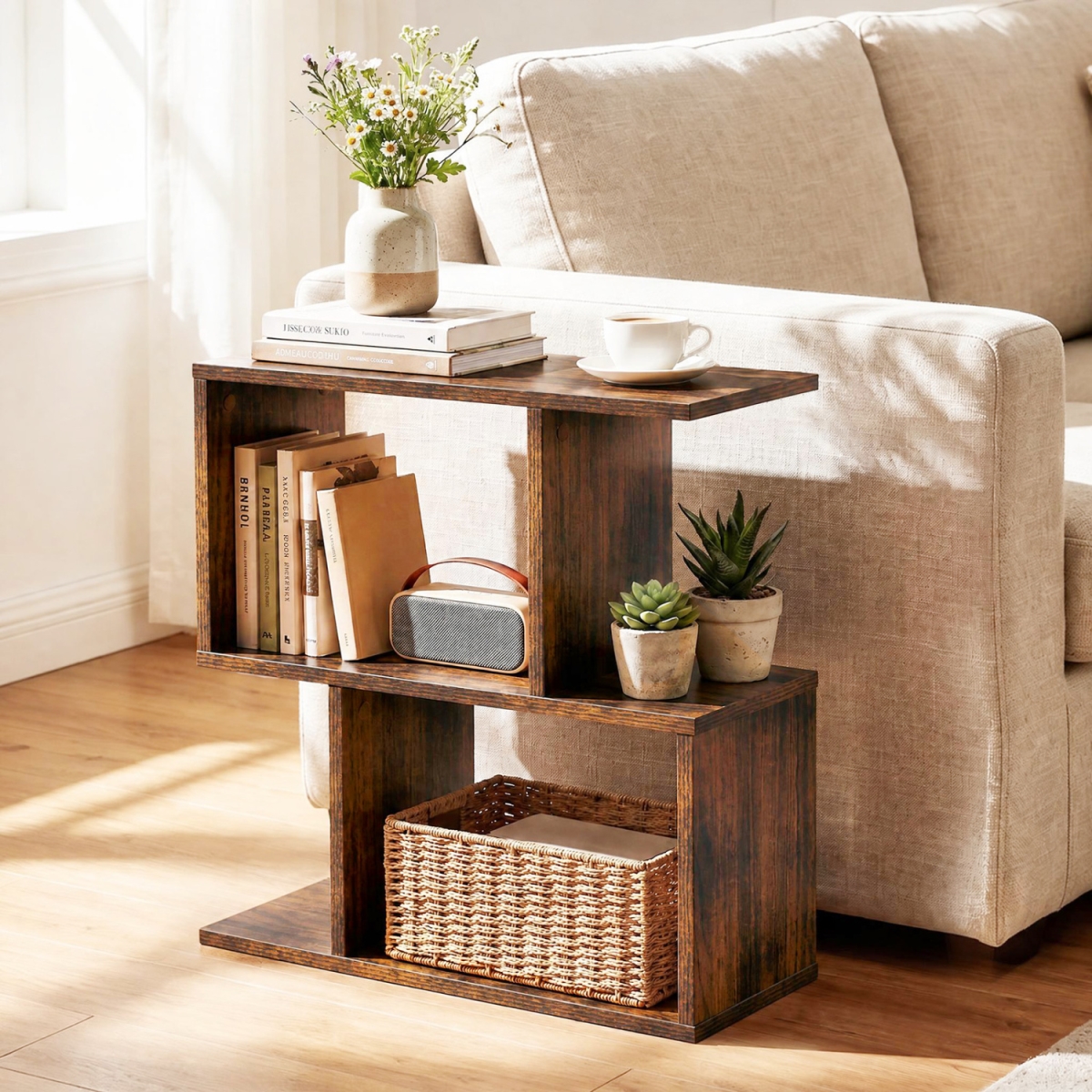 JV14242CF-2 3-Tier Geometric Bookshelf Freestanding Display Shelf Side Table - Brown - Set of 2