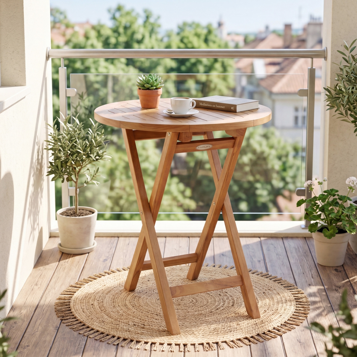 JV14356 24 in. Round Solid Teak Outdoor Folding Bistro Table with Footrest