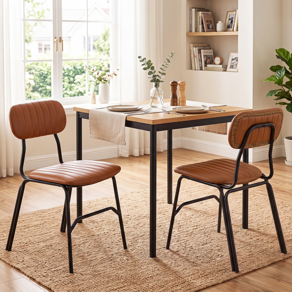 JV14481BN-2 Modern Dining Chairs with Ergonomic Back Metal Legs Exquisite Rivet & Embellished Edges - Brown - Set of 2